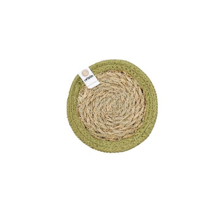 Set of 6 Seagrass & Jute Coasters - Natural/Green