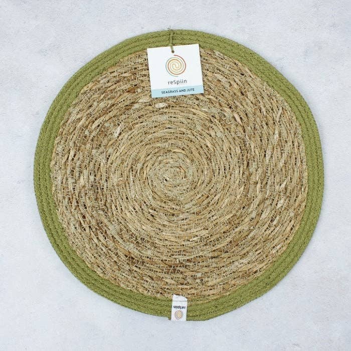 Set of 6 Seagrass & Jute Tablemats - Natural/Green