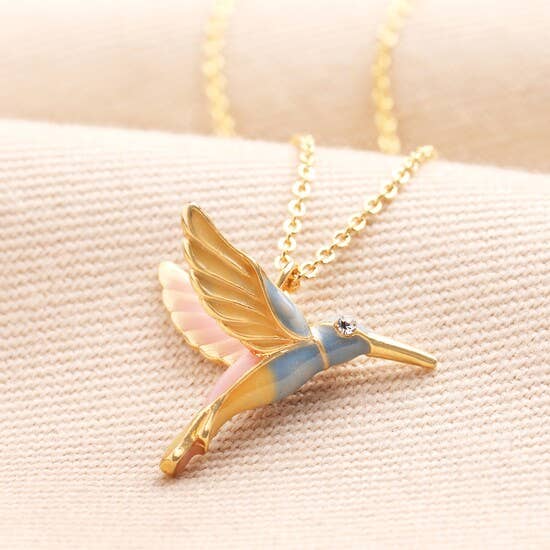 Hummingbird Pendant Necklace in Gold: Blue