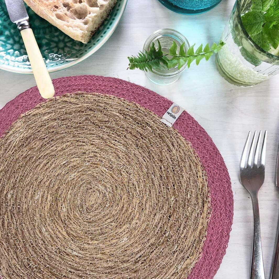 Set of 6 Seagrass & Jute Tablemats - Natural/Pink