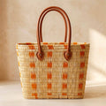 Handwoven Moroccan Straw Tote Bag with Leather Handles: Orange