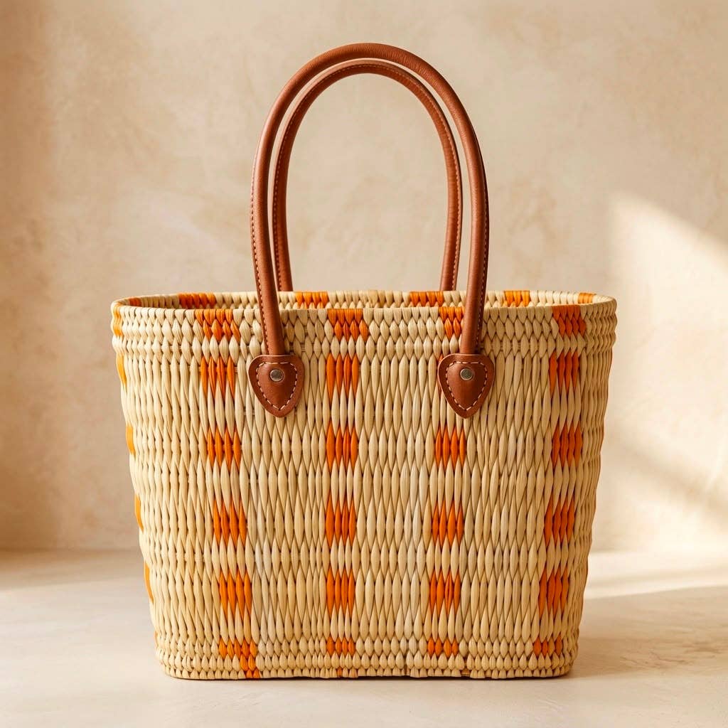 Handwoven Moroccan Straw Tote Bag with Leather Handles: Orange