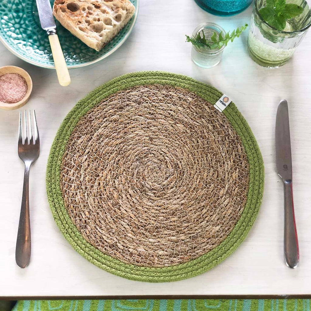 Set of 6 Seagrass & Jute Tablemats - Natural/Green