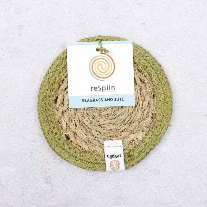 Set of 6 Seagrass & Jute Coasters - Natural/Green