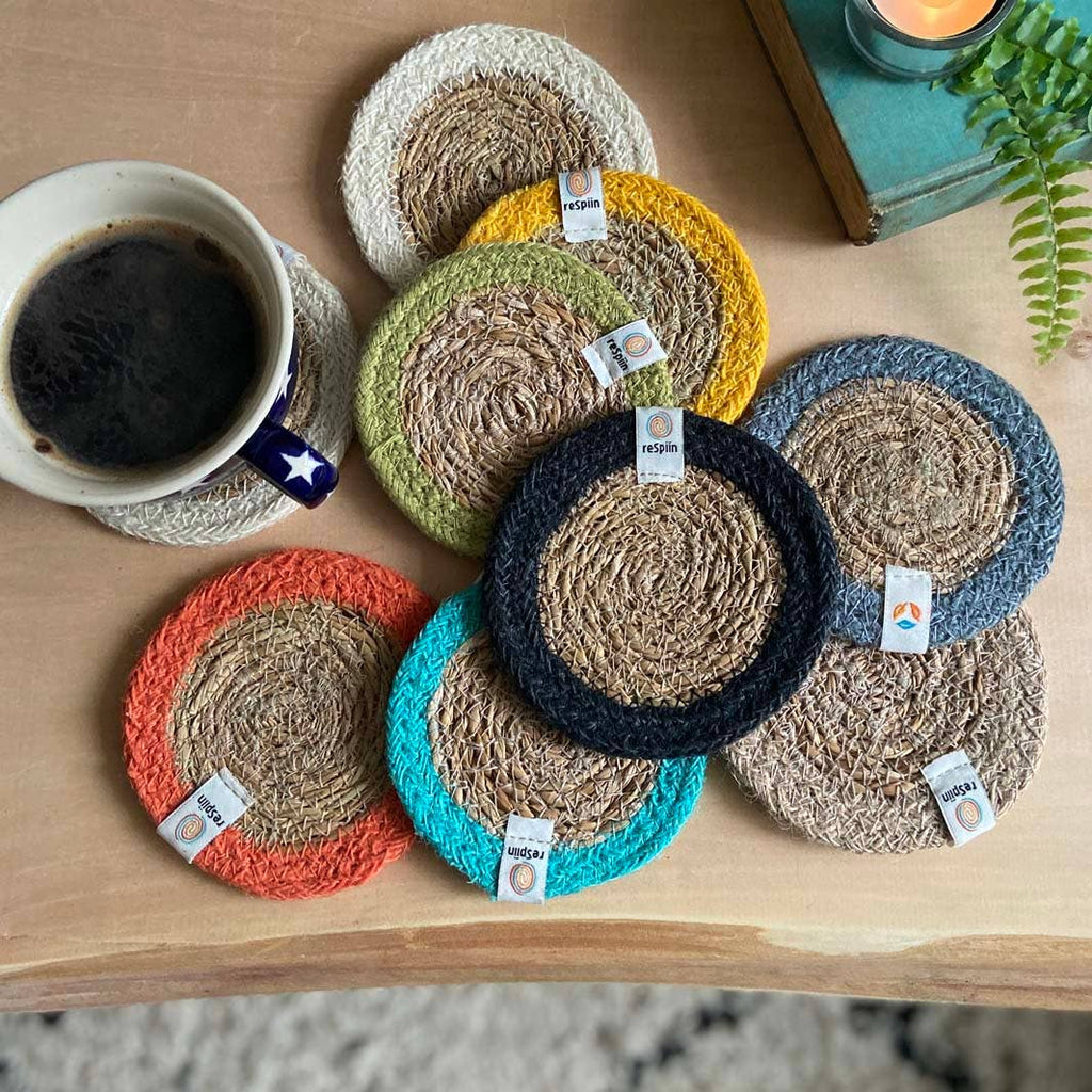 Set of 6 Seagrass & Jute Coasters - Natural/Green